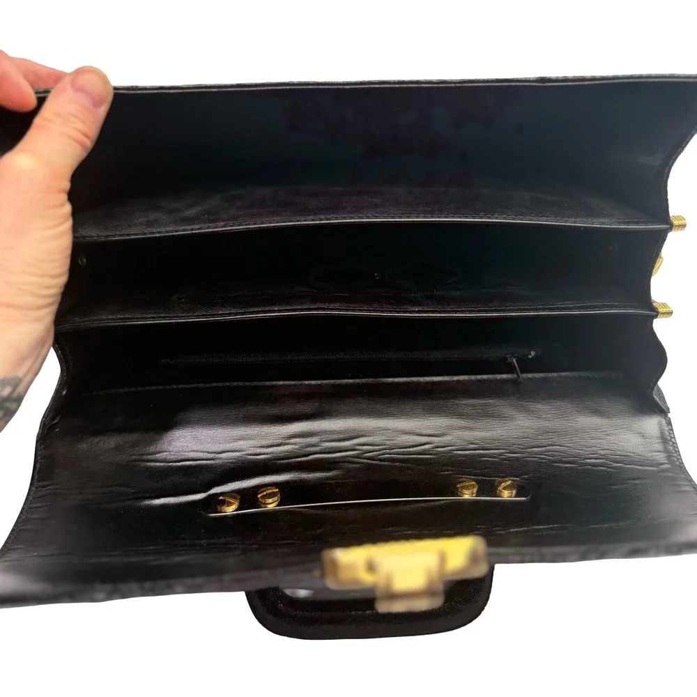 Vintage Black‎ Lizard Embossed Leather Top Handle Strap Purse Bag Gold Hardware